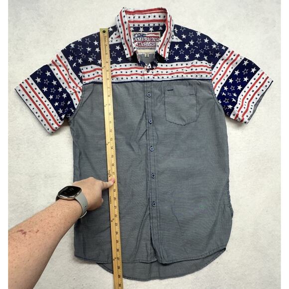 AMERICAN GARAGE Mens Medium Button Up Shirt Short Sleeve Patriotic Cotton 100% - Picture 3 of 6